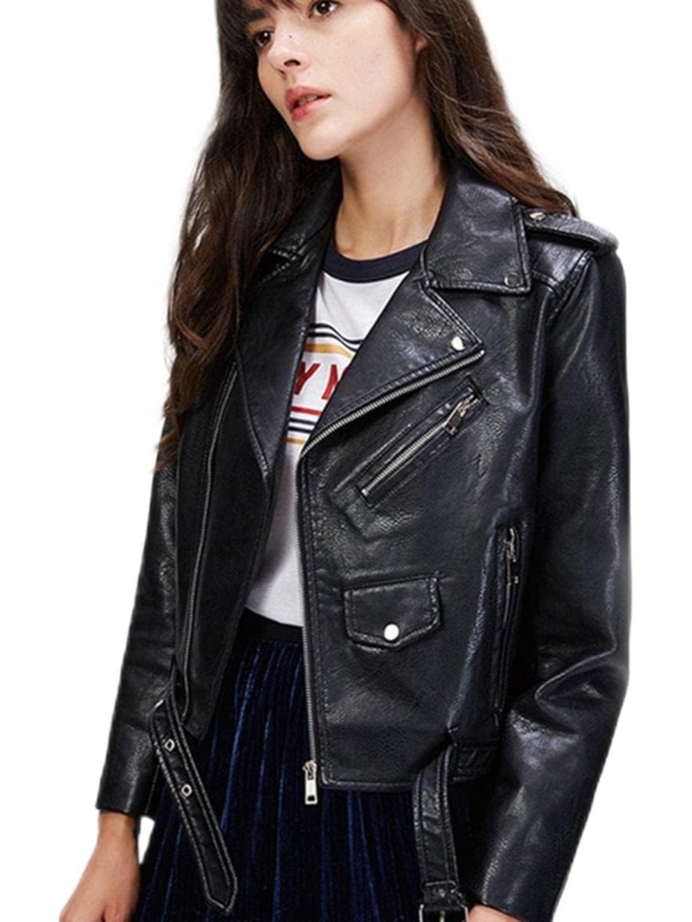Classic Black Faux Leather Moto Jacket - Women's Biker Style